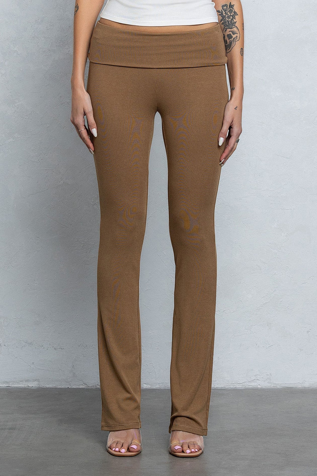 JENNI FOLD OVER FLARE PANTS - MOCHA