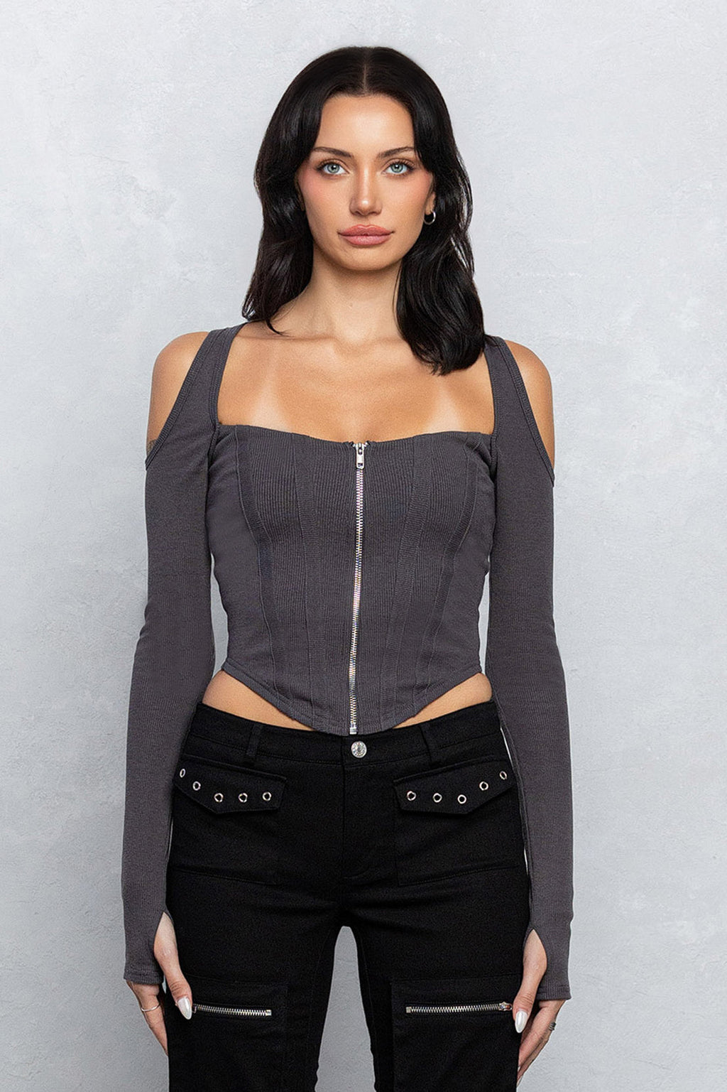 FAYE RIBBED ZIPPER TOP - CHARCOAL