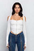 FAYE RIBBED ZIPPER TOP - WHITE