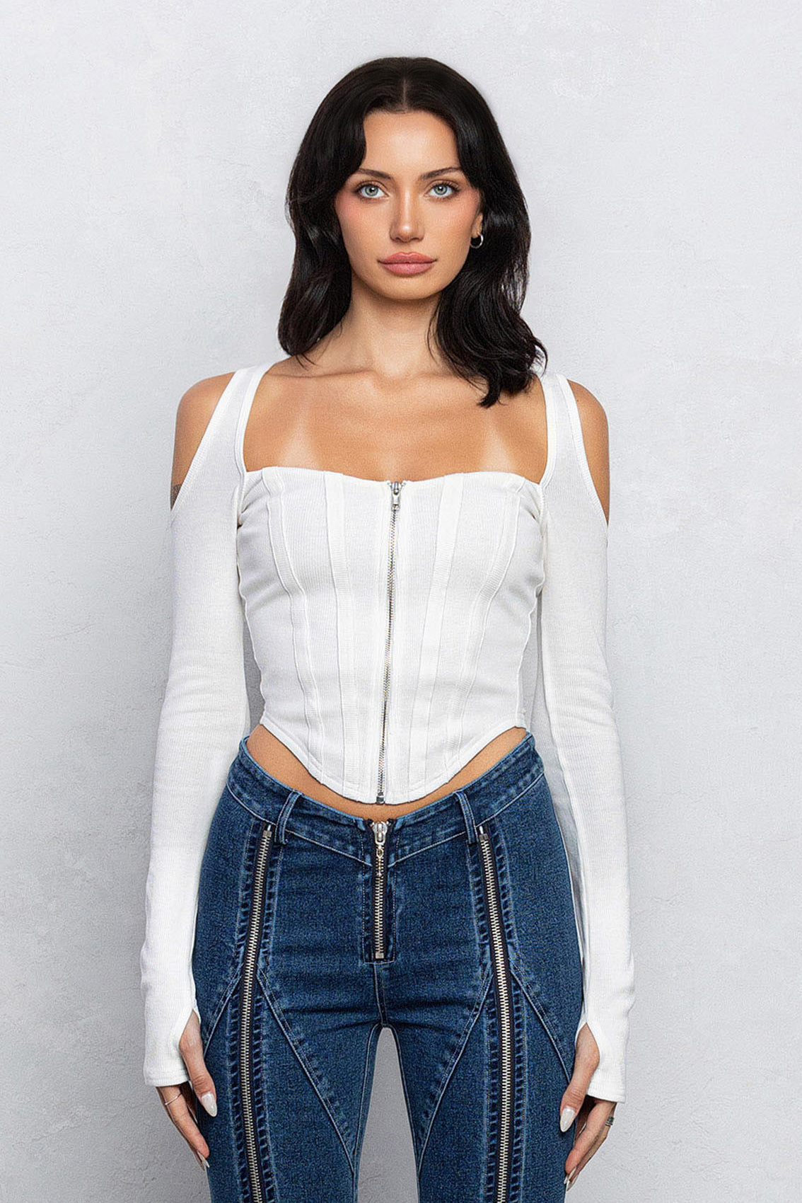 FAYE RIBBED ZIPPER TOP - WHITE
